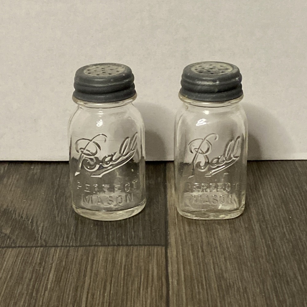 Vintage Midcentury Ball Perfect Mason Jar Salt & Pepper Shakers Zinc Lids 2 3/4"